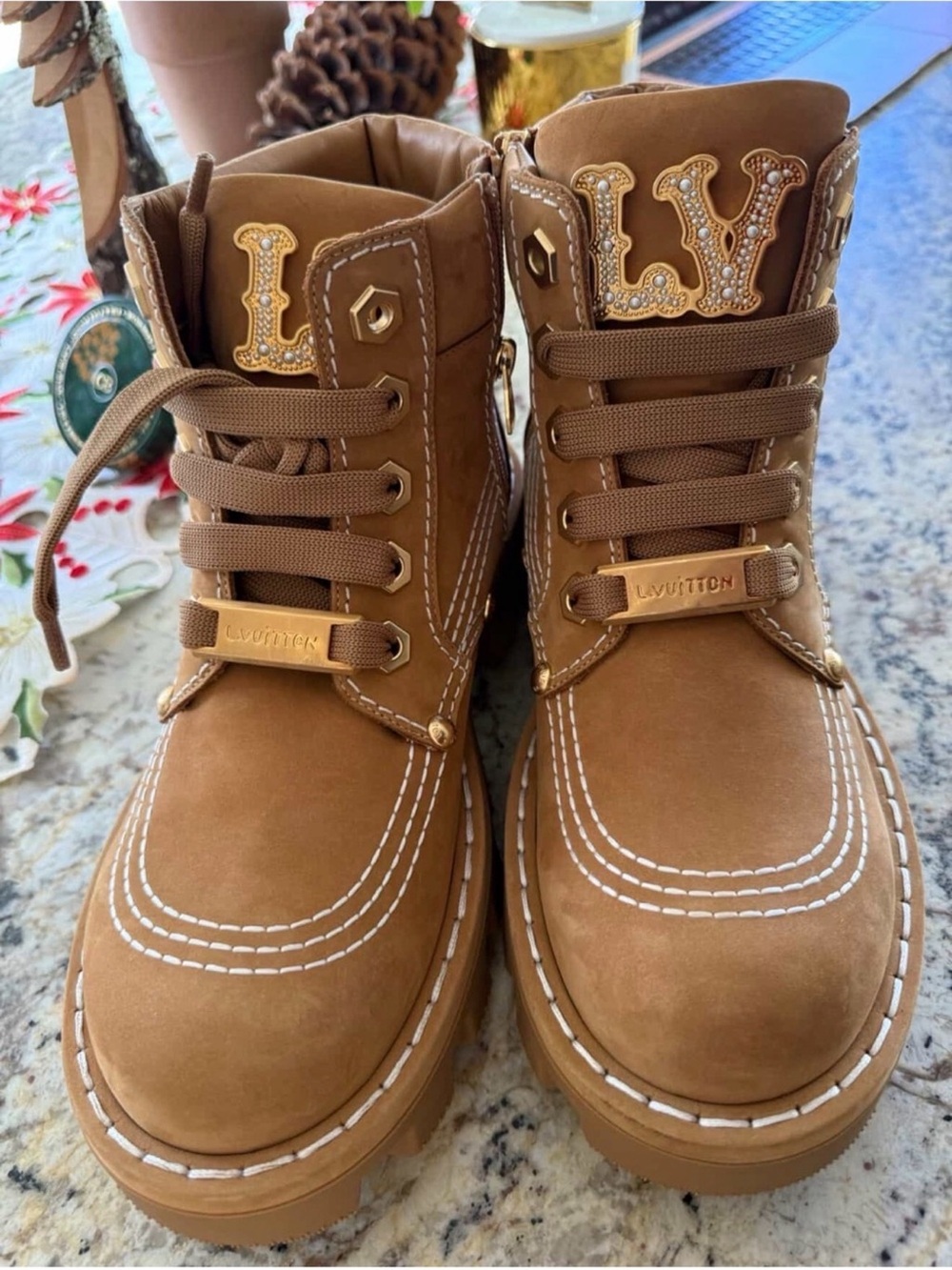 Louis Vuitton Tan Lace-Up Pearl-Trim Combat Boots - Picture 10 of 10